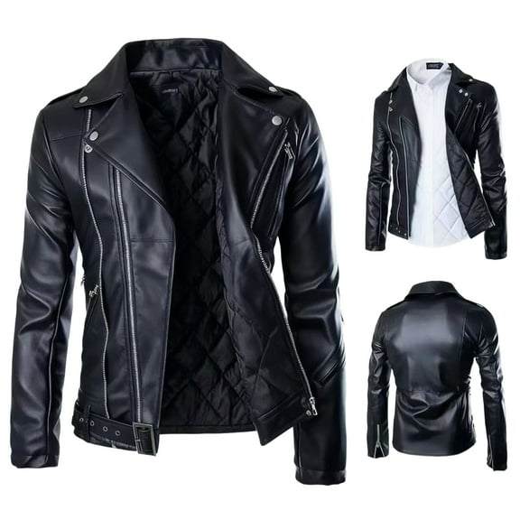 Men's Faux Leather Jacket Zip-UP Pockets Adjustable Waist Belt Motorcycle Bomber Jackets(S-5XL)