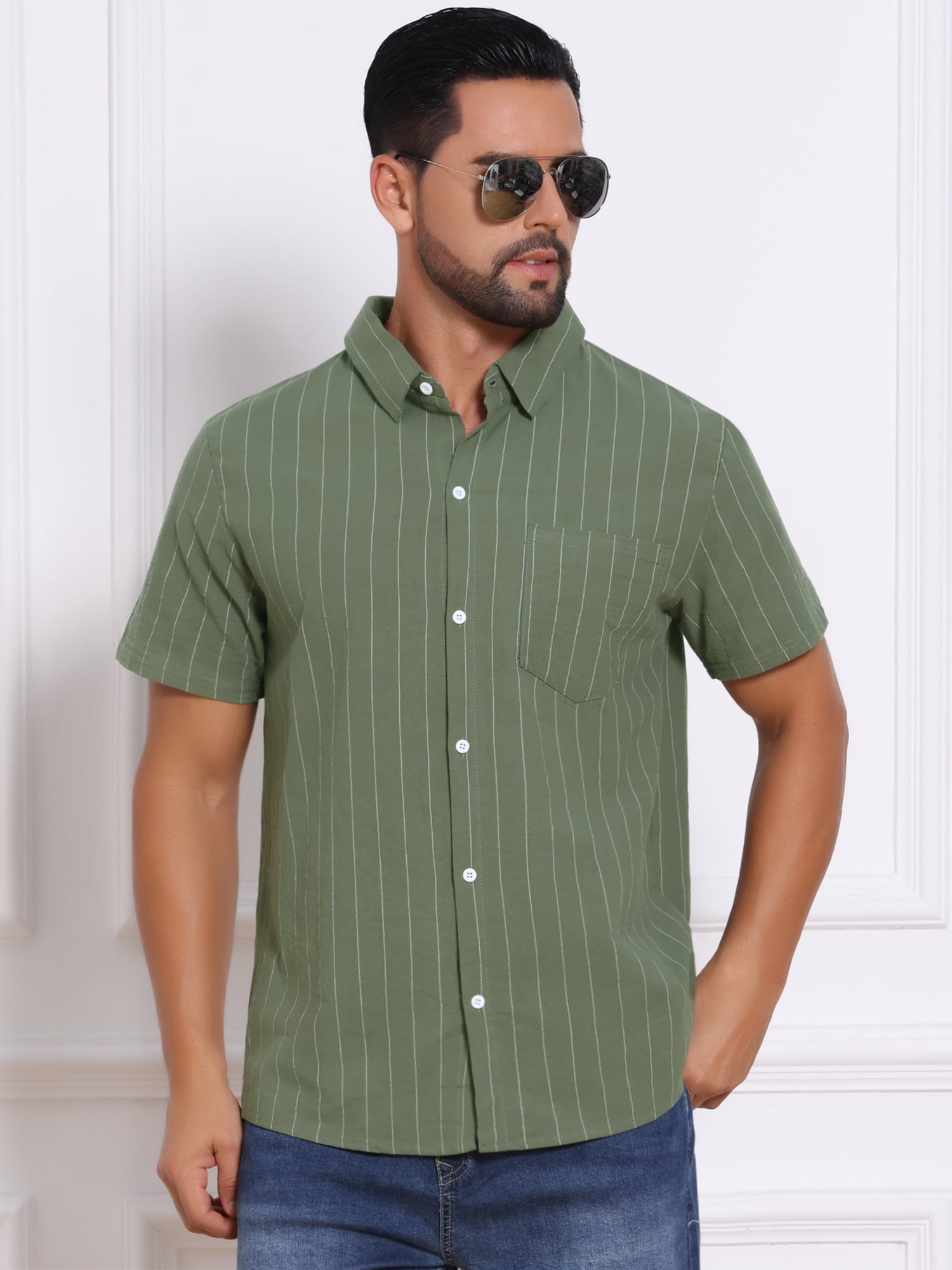 DARING DIVA Men's Point Collar Short Sleeve Button Down Stripes Shirts 3XL Olive Green
