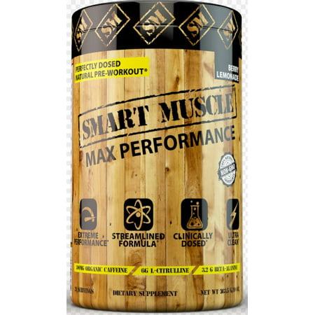 SMART MUSCLE MAX PERFORMANCE - CLINICALLY DOSED NATURAL PREWORKOUT - NONGMO Powerhouse with PurCaf? Organic Caffeine is the cleanest most effective training supplement ever made or your money (Best Pre Workout For The Money)