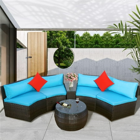 Rattan Wicker Patio Furniture 4 Piece Outdoor Conversation Set with Loveseat and Glass Table All-Weather Wicker Sectional Sofa Set with Blue Cushions for Backyard Porch Garden Poolside L3601