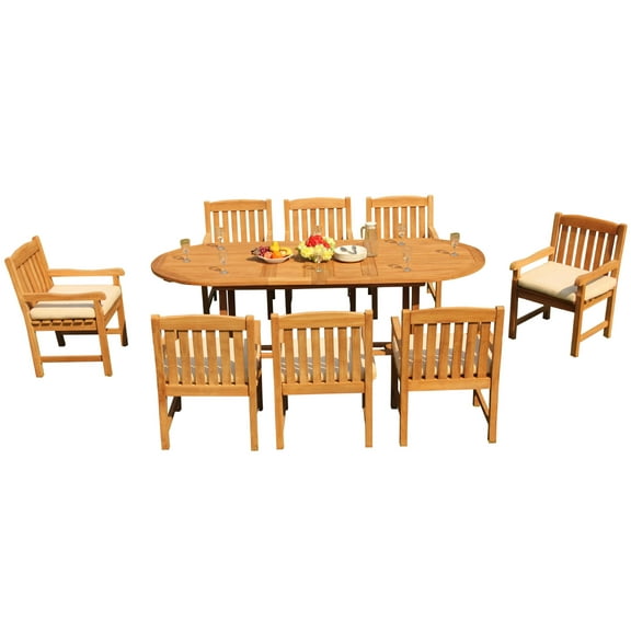 Grade-A Teak Dining Set: 8 Seater 9 Pc: 94" Mas Oval Trestle Leg Table And 8 Devon Arm Chairs Outdoor Patio WholesaleTeak #51DV2309