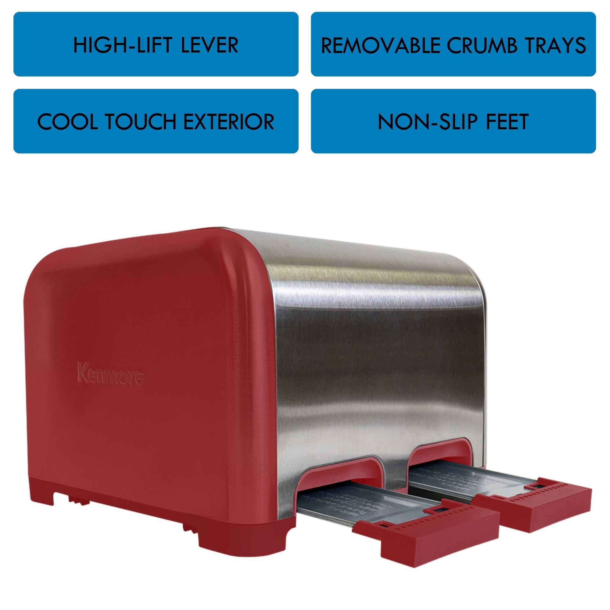 Kenmore 4-Slice Red Stainless Steel Toaster, Dual Controls, Wide Slot