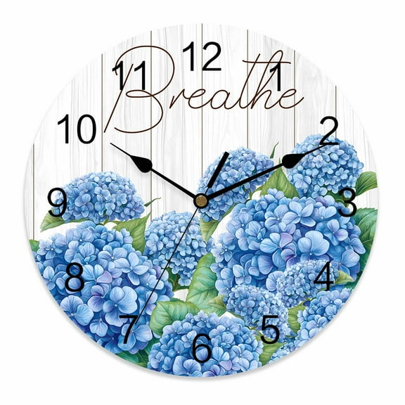 Silent Wall Clocks Battery Operated, Farmhouse Floral Round Decorative Wall Clock for Living Room Bedroom Kitchen Bathroom Classroom Decor, 12 Inch Inspirational Quote Breathe Hydrangeas Blue