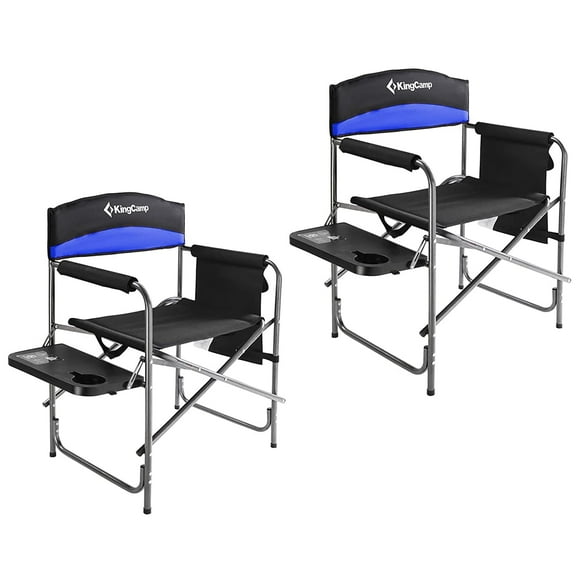 Open Box Padded Outdoor Folding Chair w/ Table & Pockets, Black/Blue (2 Pack)