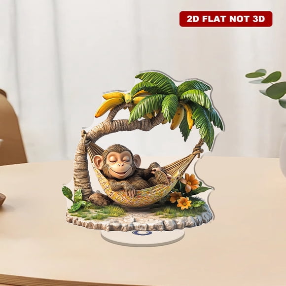 A rotating acrylic display featuring a colorful monkey in a hammock under a banana tree capturing summer wildlife details beautifully