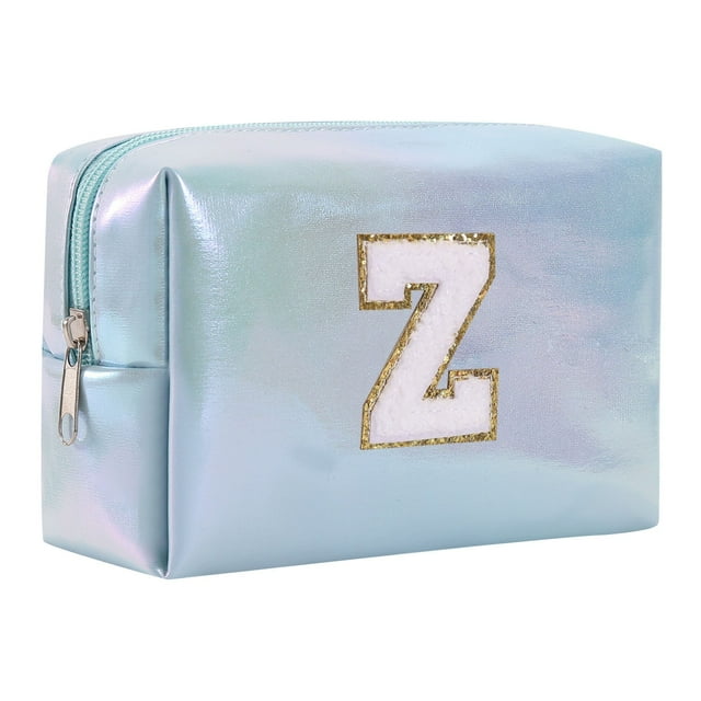 Bolsa de maquillaje con letras bordadas de gran capacidad, neceser, bolsa de viaje, bolso de mano, bolso de cosméticos, azul