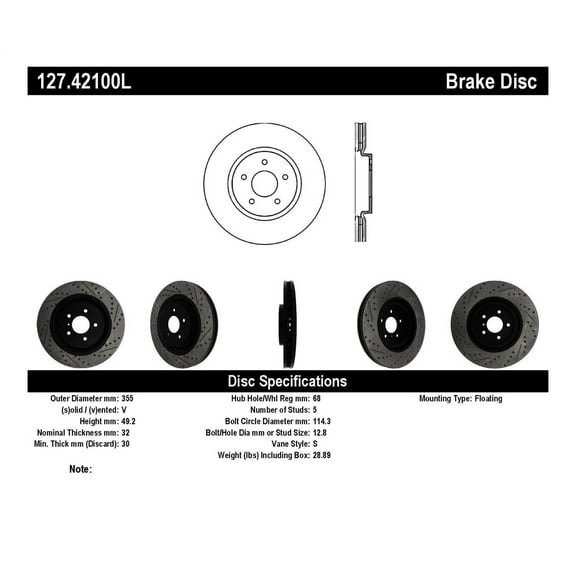 StopTech 127.42100L StopTech Sport Rotors; Drilled And Slotted; Front Left;13.98 in. Dia.; 1.94 in. Height; Fits select: 2010-2013 INFINITI G37, 2014-2015 INFINITI Q50 BASE/PREMIUM/SPORT