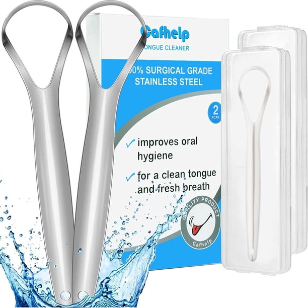 Cafhelp Paquete de 2 raspadores de lengua Limpiador de lengua de acero inoxidable quirúrgico 100% útil para adultos y niños Profesional Reduce el mal aliento Los raspadores de lengua de metal ayudan a