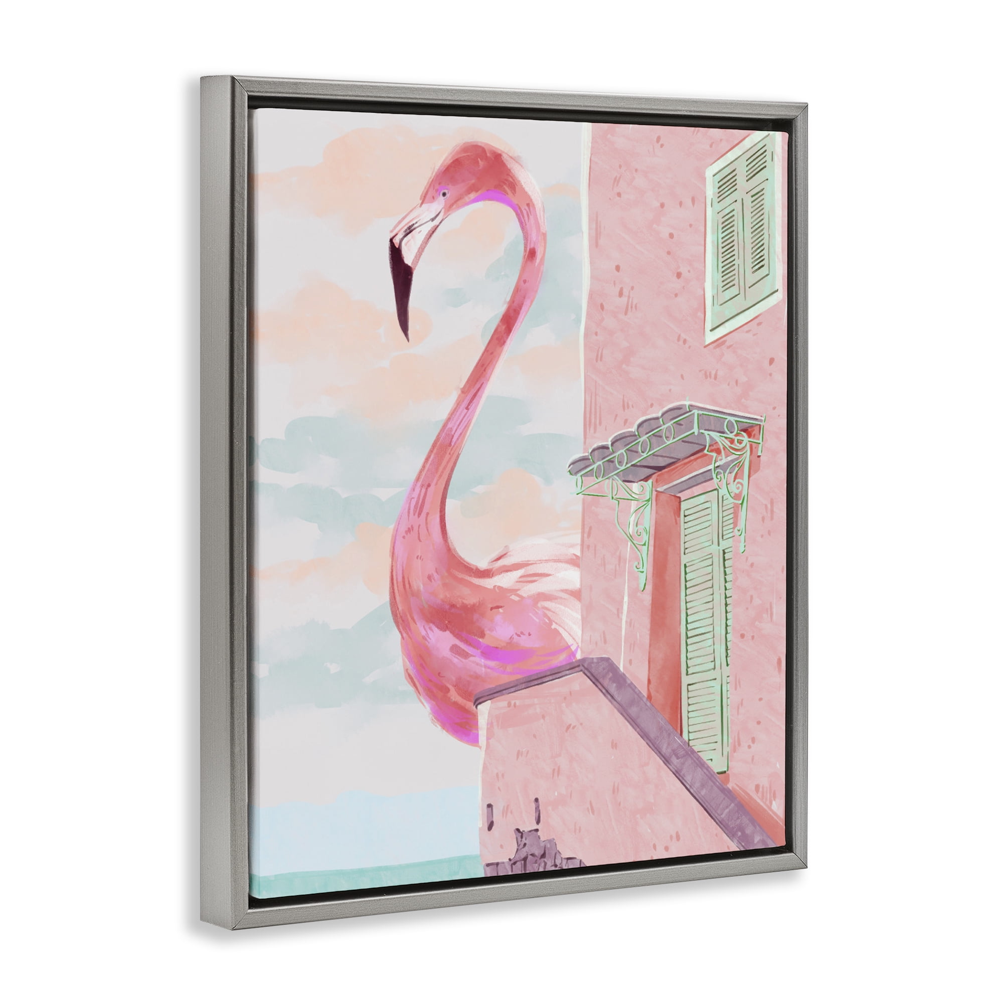 Stupell Industries Giant Flamingo with Seaside Balcony Gray Framed Floater Canvas Wall Art, design by Ziwei Li