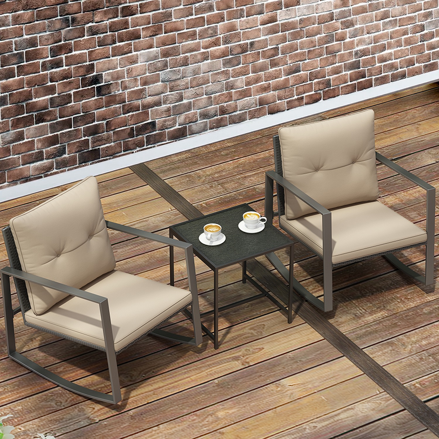Quinn 3-Piece Bistro Rocking Wicker Furniture Set -2 Comfortable Chairs With A Solid Sturdy Glass Coffee Table - Coffee/ Off-white - image 4 of 9