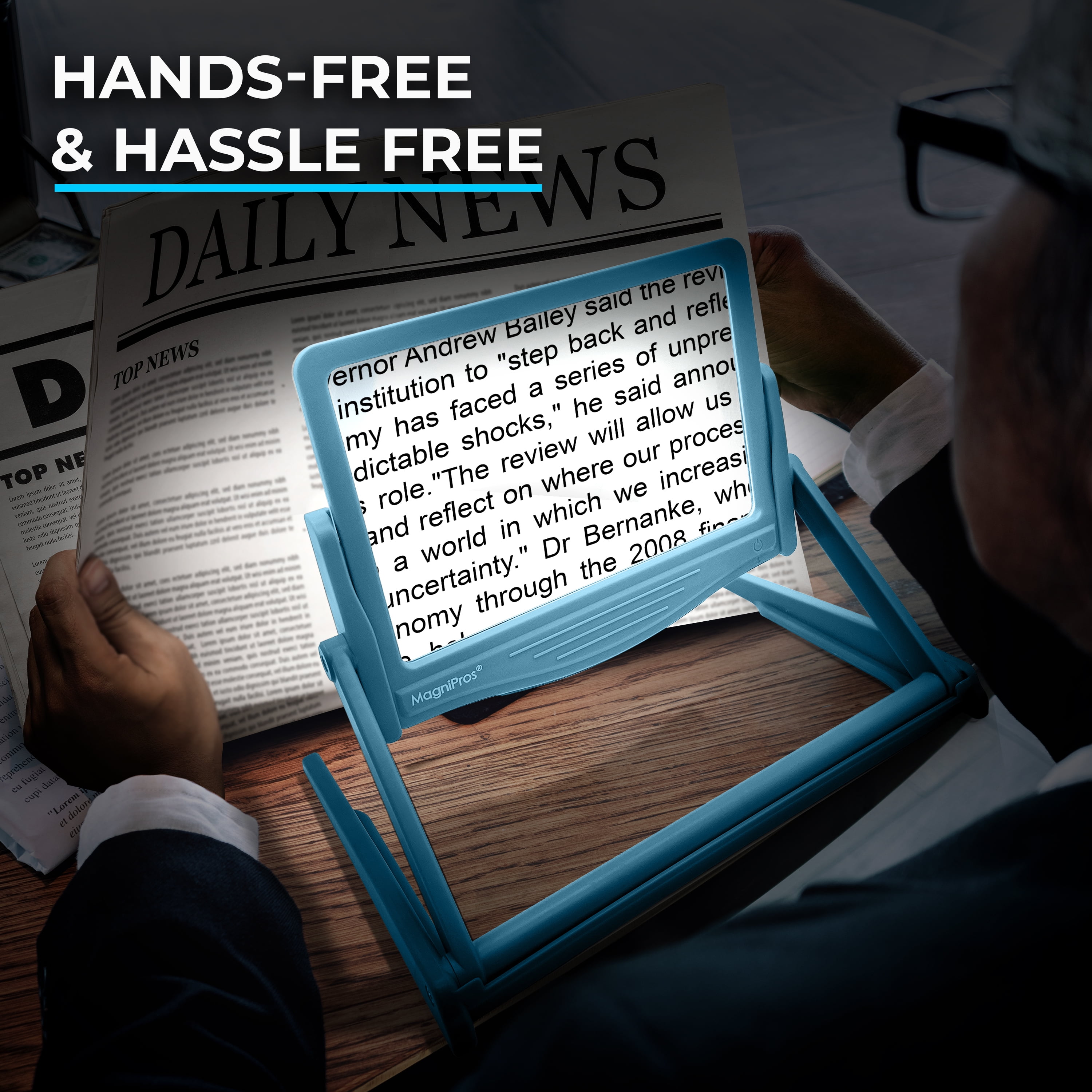 MAGNIPROS 5X Large LED Full Page Magnifying Glass with Collapsible Hands-Free Stand & 3 Color Modes to Reduce Eye Strain, Ideal for Reading Small Prints, Crafting, Low Vision & Seniors