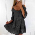 thumbnail image 1 of Vestido sexy de encaje con hombros descubiertos, vestido casual holgado y dulce de verano, camisola de manga corta, color liso, cuello redondo, minivestidos cortos 26249, 1 of 4