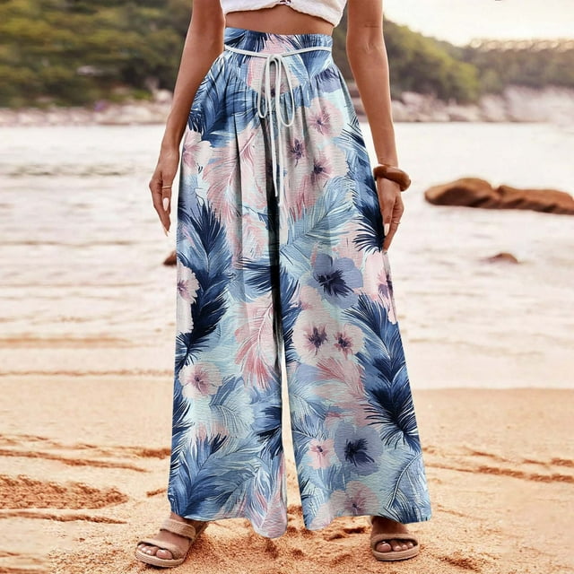 LOVZFMLL Women's Pants, Fashion Print Elastic Waist Drawstring Wide Leg Long Pants Multicolor, L