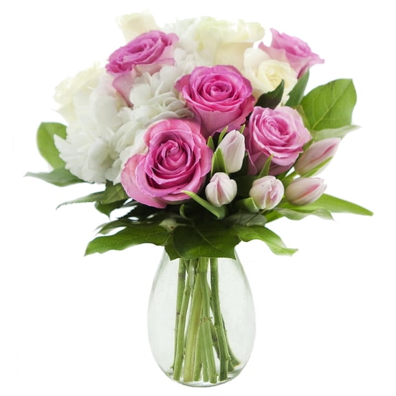KaBloom : Bouquet of Fresh 5 Pink Rose 5 White Rose 5 Pink Tulips 1 White Hydrangeas with Greens and with Vase, Next-Day Delivery
