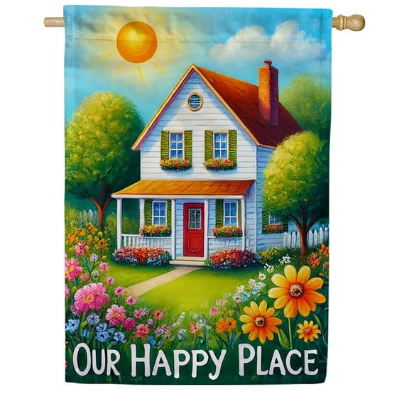 America Forever Our Happy Place House Flag, 28 x 40 inch Double Sided, Sunlit House with Flower Banner, Warm Welcome Home Flags, Spring Summer Seasonal Housewarming Outdoor Decorative for Lawn