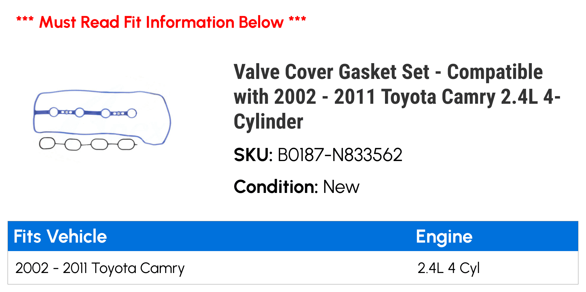 Valve Cover Gasket Set - Compatible with 2002 - 2011 Toyota Camry 2.4L 4-Cylinder 2003 2004 2005 2006 2007 2008 2009 2010