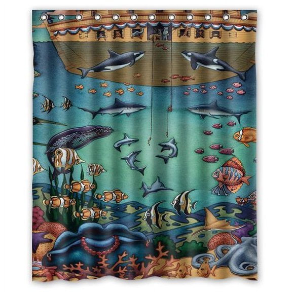 HelloDecor Under the Sea World Shower Curtain Polyester Fabric Bathroom Decorative Curtain Size 60x72 Inches