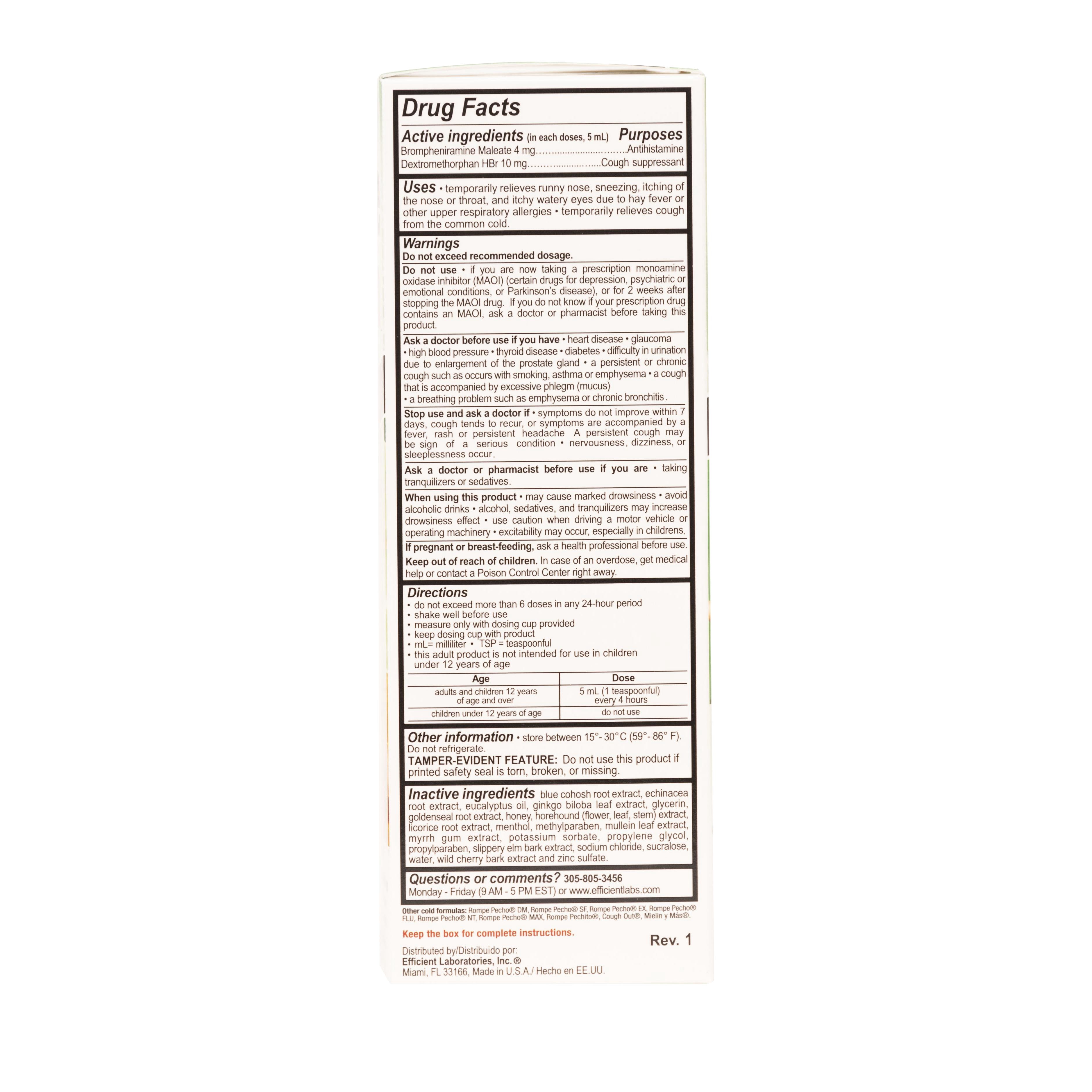 Rompe Pecho CF Cold & Flu Multi-Symptom Relief Syrup, Dextromethorphan HBr & Antihistamine, Honey Flavor, Alcohol-Free, 6 fl oz