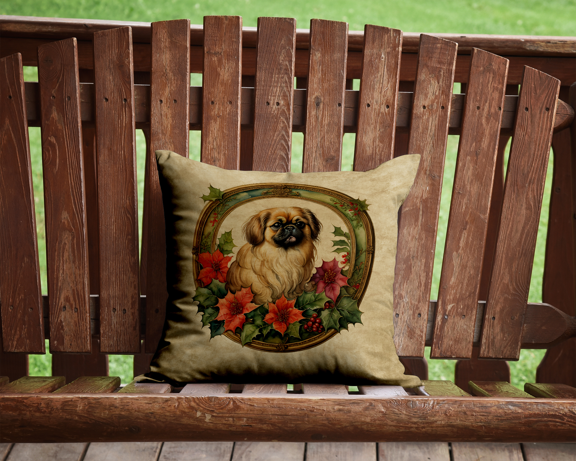 Pekingese Christmas Flowers Throw Pillow 14 in x 14 in