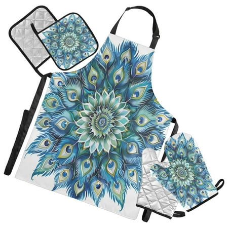

5 Pcs Kitchen Set Heat Resistant Oven Mitts and Non-Slip Pot Holders with Adjustable Cooking Apron Peacock Feathers Mandala