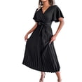 thumbnail image 2 of SAYOO Vestido Casual de Verano Mujer Cuello en V Manga Corta Plisado Dobladillo Grande Color Sólido Vestido Largo con Cinturón SAYOO casual, 2 of 7