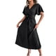 thumbnail image 2 of VISgogo Vestido casual para mujer, cuello en V, manga corta, plisado, dobladillo grande, color sólido, vestido largo con cinturón VISgogo moda, 2 of 7