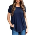thumbnail image 2 of Femmes T-shirt Couleur Unie Bouton Haut Rond Femmes Col Rond Manches Courtes Chemisier, Bleu Foncé, L, 2 of 5