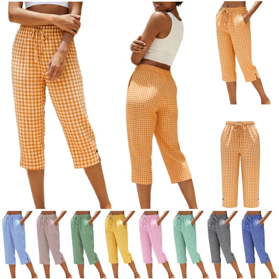 QIUOMBBP Womens Wide Leg Capri Pants Side Slits Linen Cropped Trousers Casual Drawstring Elastic Waist Summer Beach Capris Pink XXL