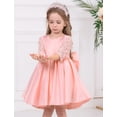 thumbnail image 4 of OBEEII Dresses for Kids Girls Sheer Lace Sleeve Flower Girls Dresses Princess Wedding Dress Bow Knot Satin Pageant Dress, Pink Size 6M-6T, 4 of 9