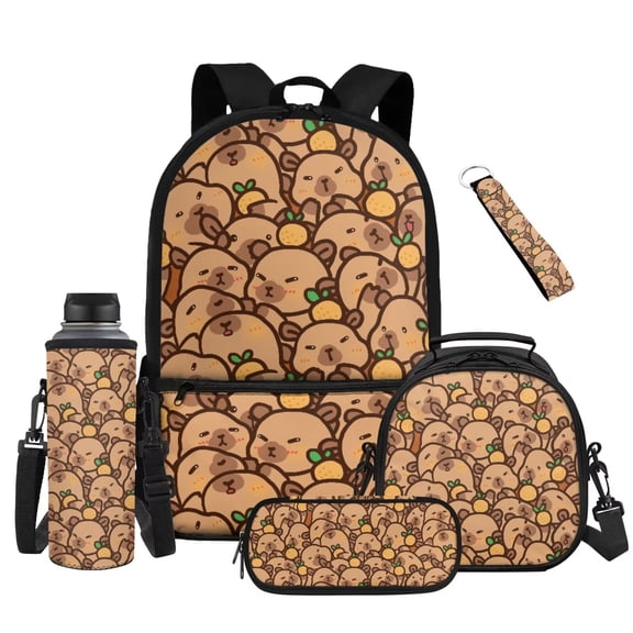 Yuyamidu Cute Capybara Backpack for School Girls 7-8 Years Old, 2nd-3rd Grade, 17 inch Lightweight Bookbag with Lunch Box, Water Bottle Pouch, Pencil Case & Keychain, Set of 5 Back to School