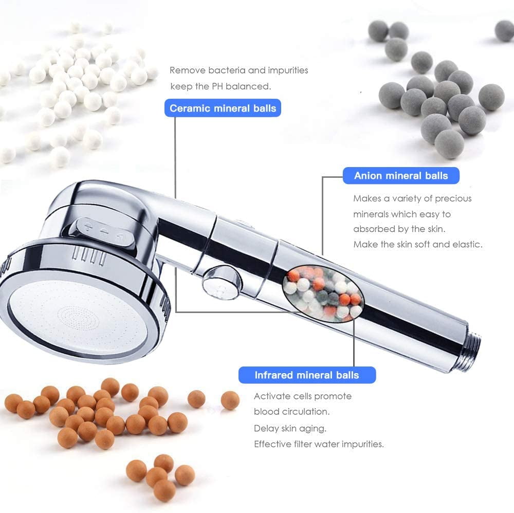 HighPressure Handheld Shower Head with ON/OFF Switch 3 Modes Function Water Saving Ionic Shower