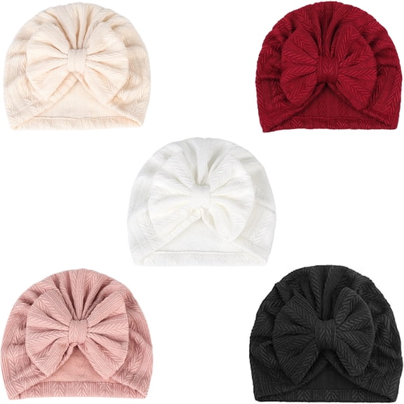 5 Pieces Newborn Baby Turban Hats Bow Baby Infant Beanie Breathable Toddler Cap for Baby Girls 3-12 Months
