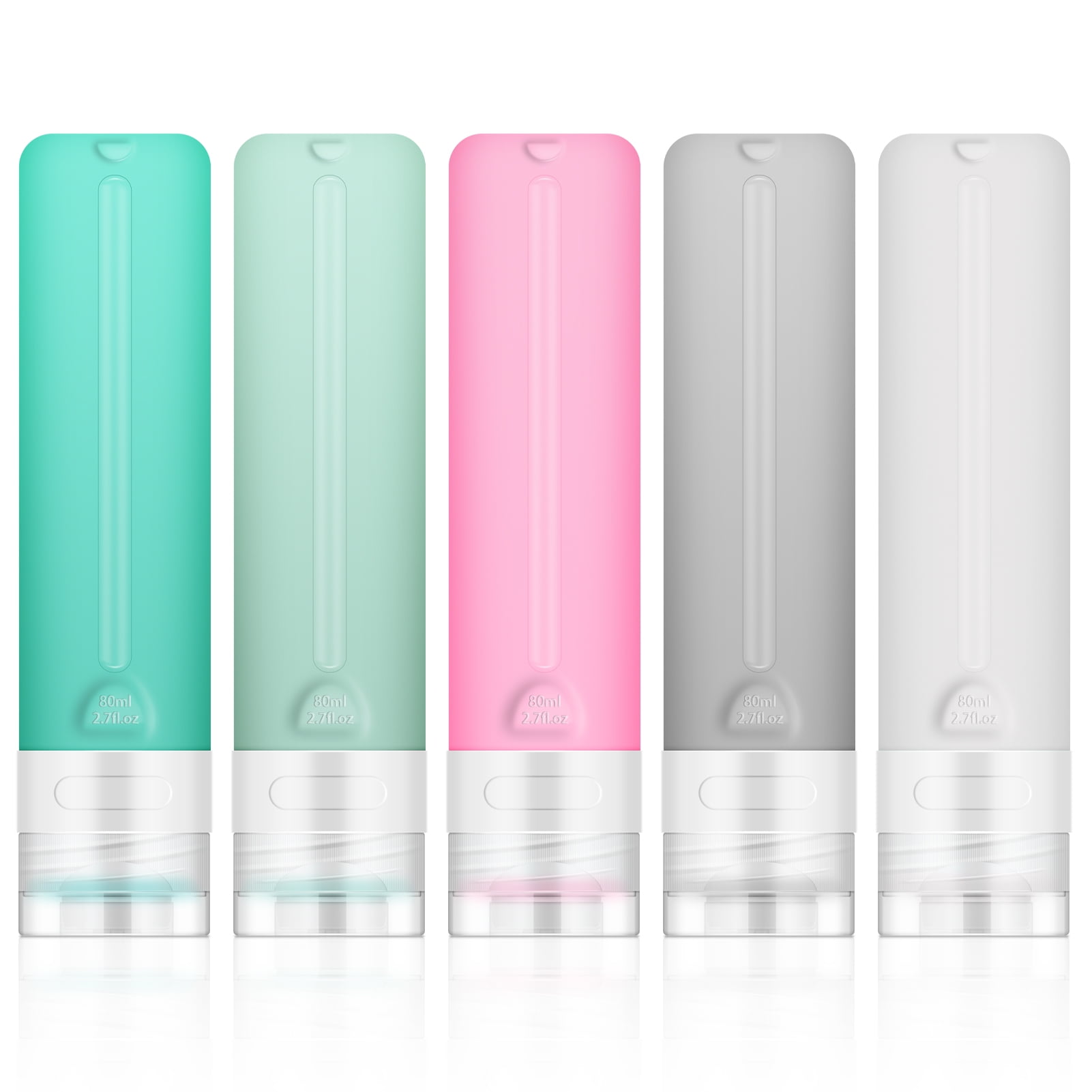 HEQUSIGNS 5 Pack Portable Travel Bottles Set, Leak Proof Squeezable Silicone Tubes Travel Size Toiletries Containers, Refillable Cosmetic Tube for Shampoo Lotion Soap Liquids