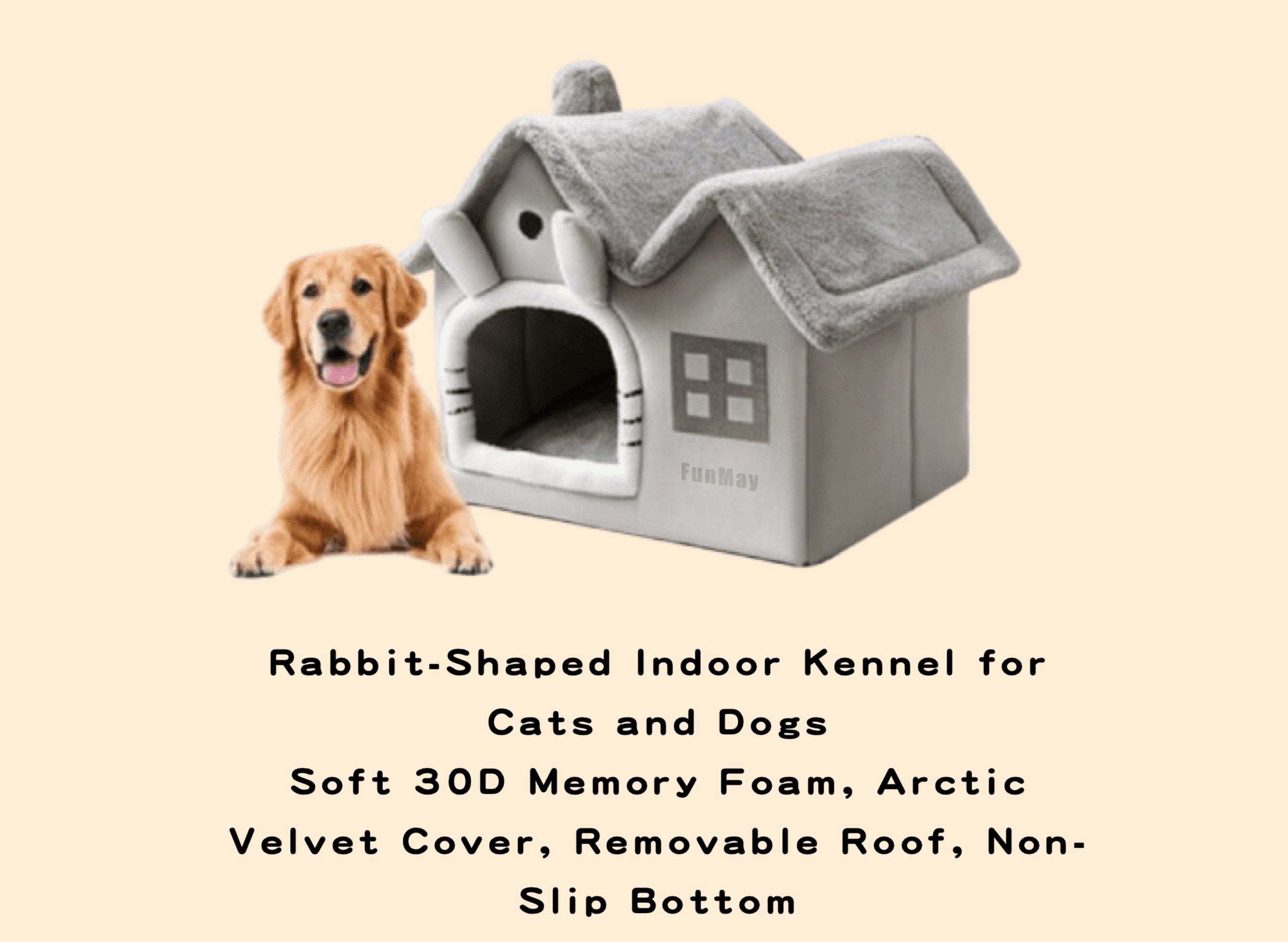 Luxury Indoor Foldable Pet House for Small & Medium Dogs & Cats, 30D High Elastic Memory Foam, Arctic Velvet Cover, Removable Roof & Cushion, Machine-Washable, Non-Slip Base, Rabbit-Shaped Kennel Bed