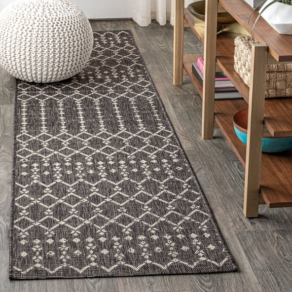 JONATHAN Y SANTA MONICA 2 x 10 Runner Rug, Ourika Moroccan Geometric Textured Weave - Black/Gray, SMB108F-210