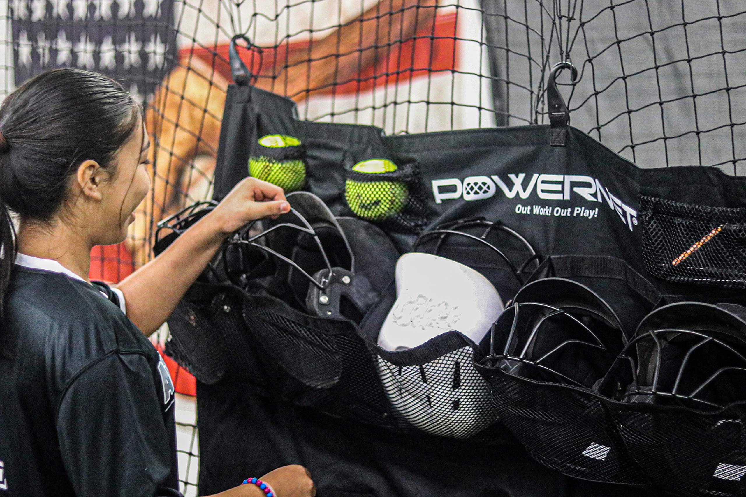 PowerNet Softball & Baseball Helmet Hanging Bag, 12 Pocket Baseball Glove & Helmet Storage Holder & Dugout Organizer, Portable Baseball Gear Training Equipment Holder (Black)