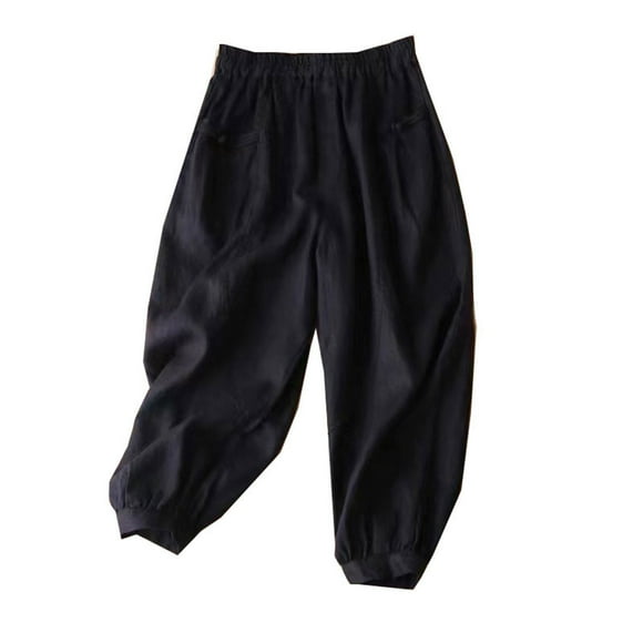 fartey Harem Pants for Women Cotton Linen Elastic Waist Pockets Capri Pants Relaxed Breathable Lounge Solid Color Trousers