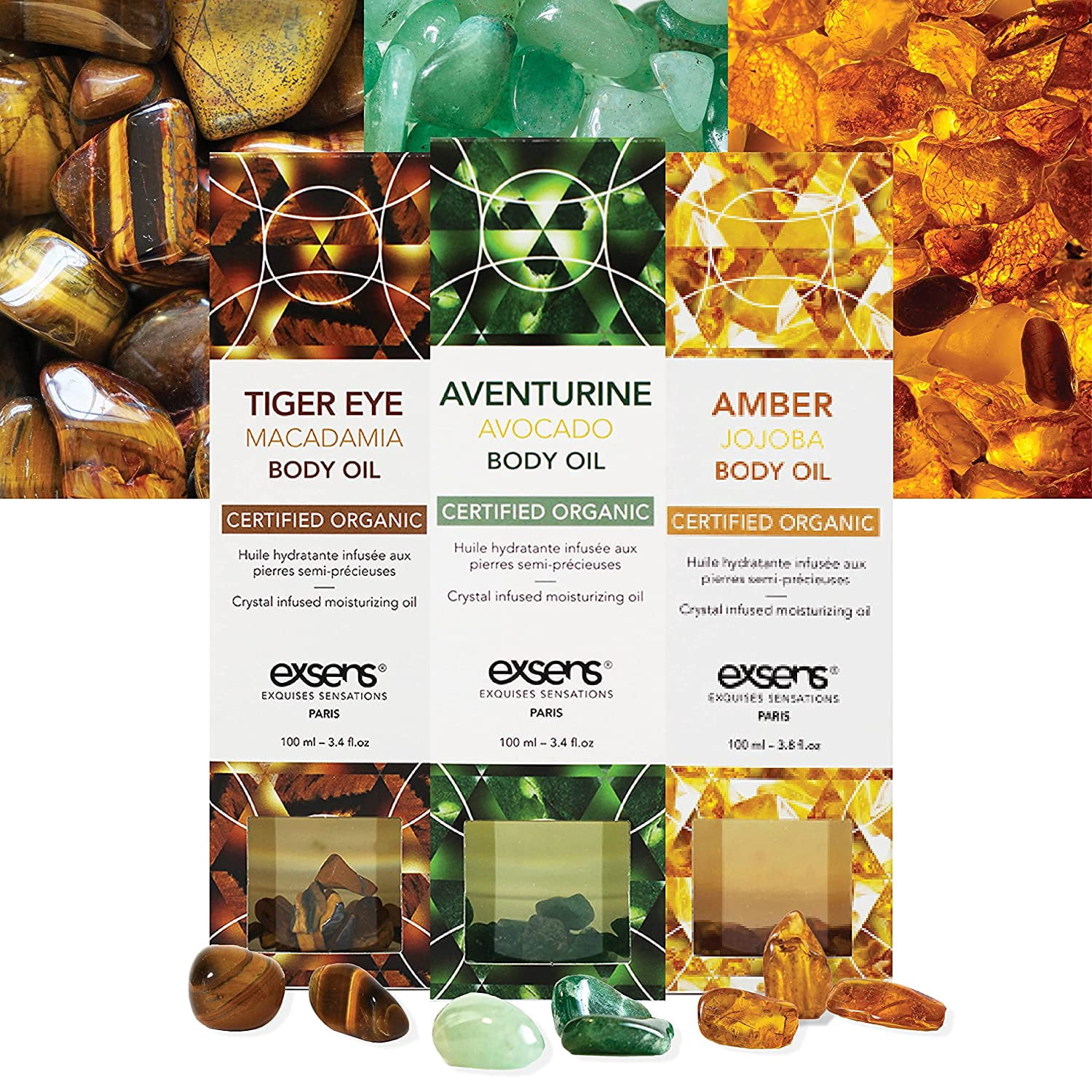 Exsens Avocado Aventurine Crystal Infused Body Oil, Moisturizer for Skin & Hair, Certified Vegan, Easily Absorbed Organic Body Oil, Natural Fragrance, 100ml (3.4 fl.oz), 1 Count
