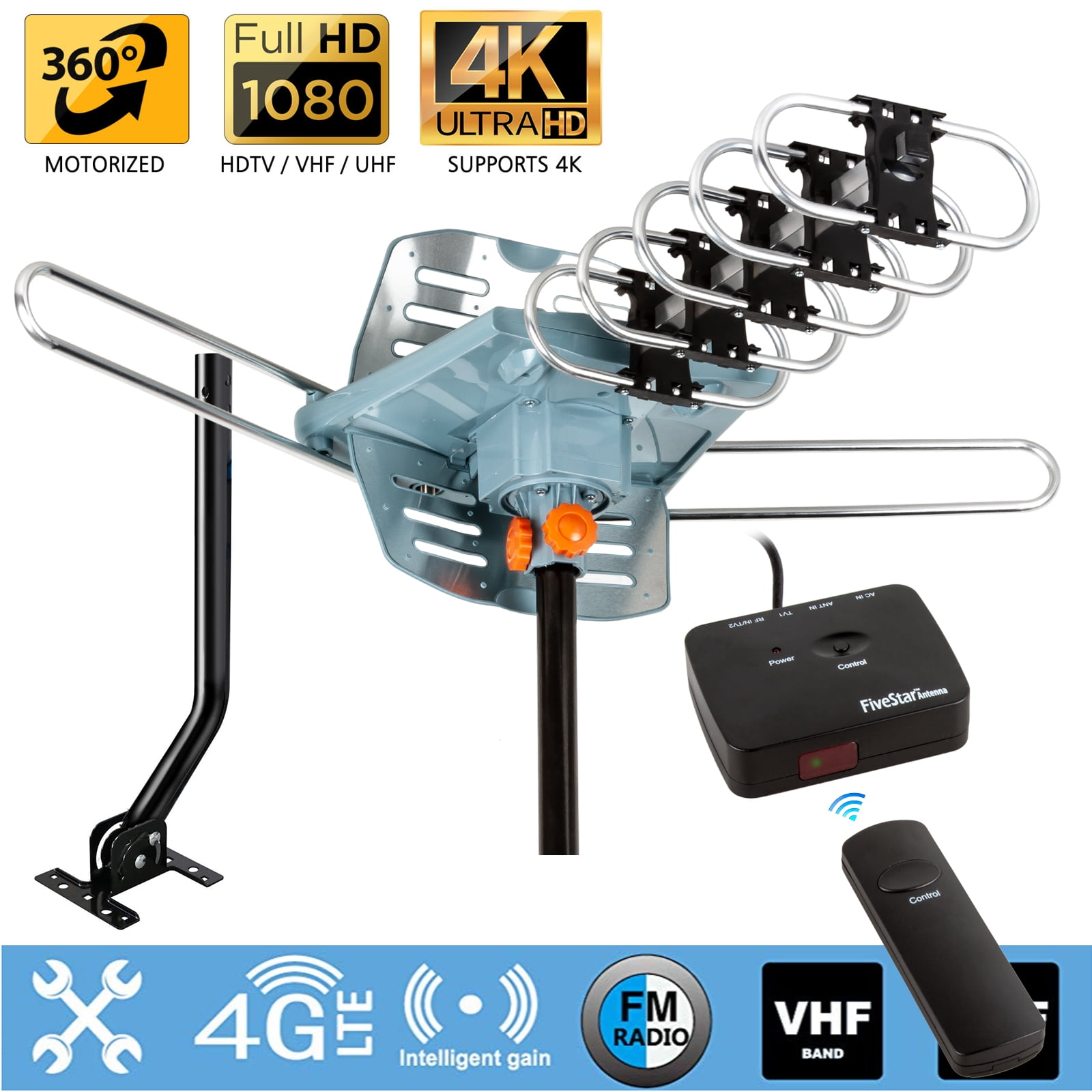 360 DEGREE HDTV DIGITAL AMPLIFIED OUTDOOR DH TV ANTENNA HD VHF W/ Bracket&Cable 