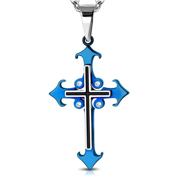 Stainless Steel Black Blue White Clear CZ Religious Latin Cross Pendant Necklace, 22"