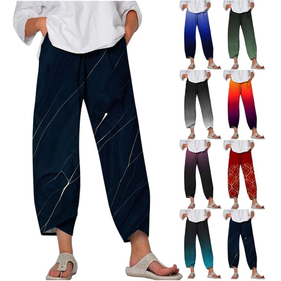 Zekutng Linen Pants Women Casual Pocket Slim High Elastic Waist Print Sports Cotton and Linen Pants,Sizes S-5XL
