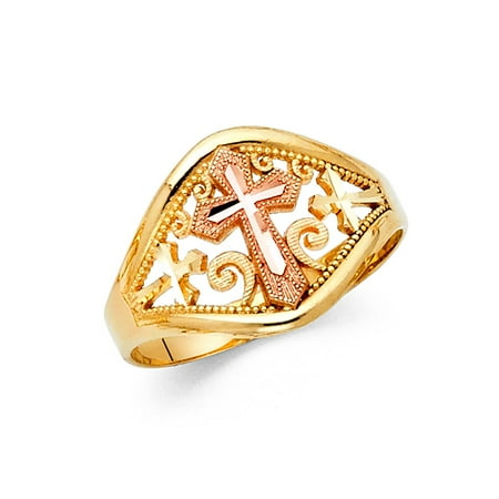 - Multi Cross Crucifix Religious Eye Shape Band 14mm 14k Two Tone Italian Solid Gold Ring Size 5.5 Available All Sizes