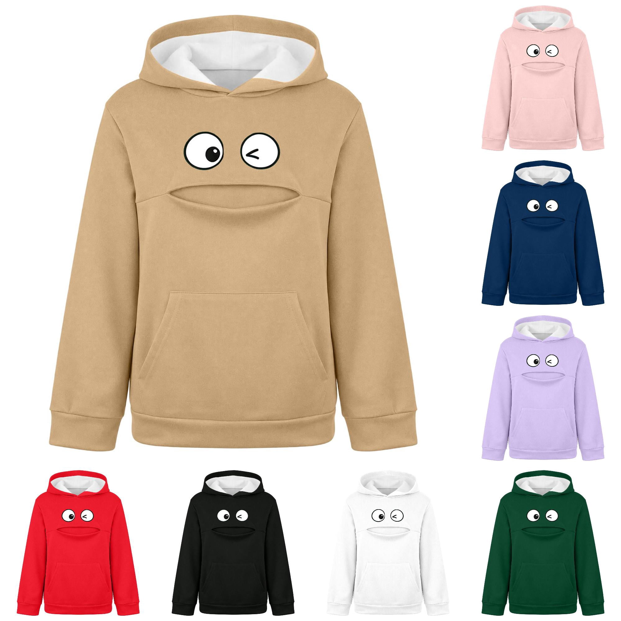 Xijirk Kids Hoodie with VâShape Cutout Pet Carrier Pocket Soft Pullover with Winking Eye Cartoon Print for Daily Outdoor Activities,Khaki,13-14 Years