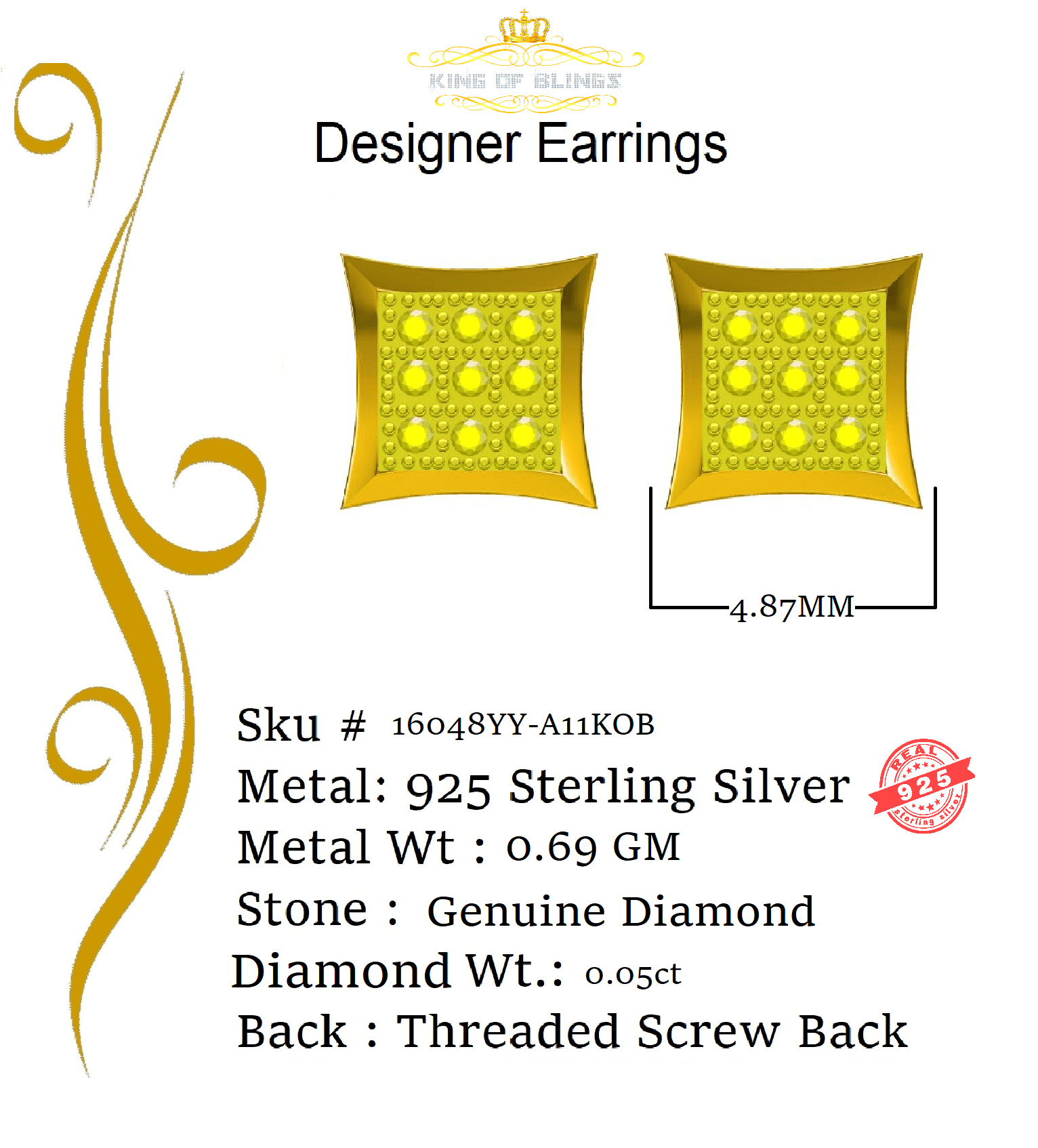 King of Bling's 0.05ct Diamond 925 Sterling Silver Yellow Stud Women's/ Men's Square Earrings