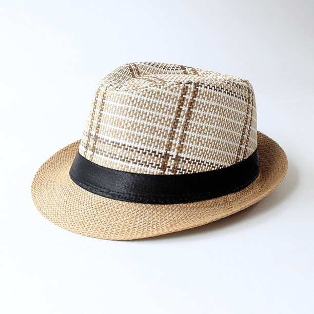 Summer Straw Fedora Hat Short Brim Panama Sun Hat Trilby Beach Hat for Men  & Women, Striped Khaki, M P378