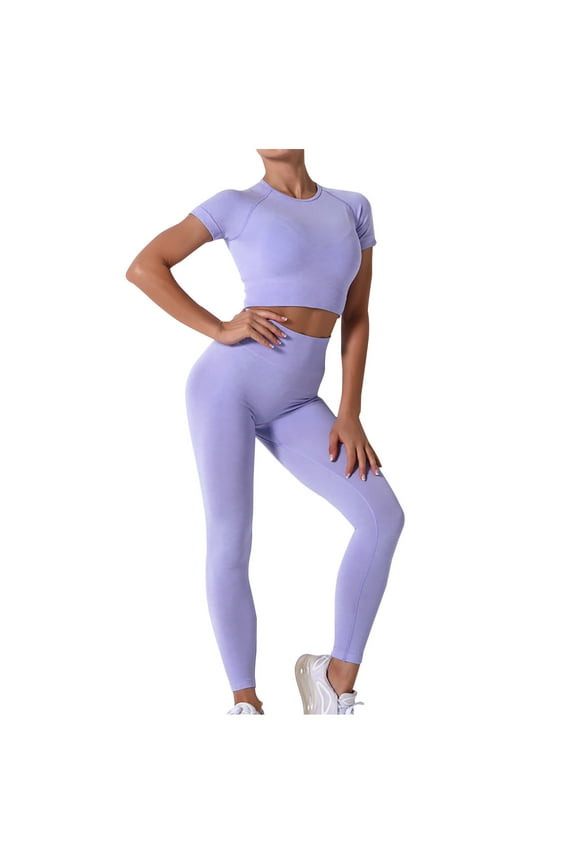 Women's Workout Outfit 2 Pieces Seamless High Waist Yoga Leggings with Long Sleeve Crewneck Crop Top Gym Clothes Set Purple M