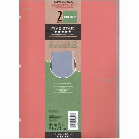Mead Five Star Recycled 2-Pocket Plastic Portfolio Folder - Coral (9.5" x 11.75") Compatible with 3-Ring Binder