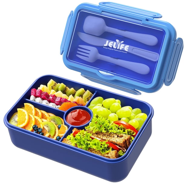 Jelife Fiambrera Bento para niños - Fiambrera grande estilo Bento a prueba de fugas con 4 compartimentos, lonchera con vajilla para el regreso a la escuela, empaque reutilizable para comidas y refrige