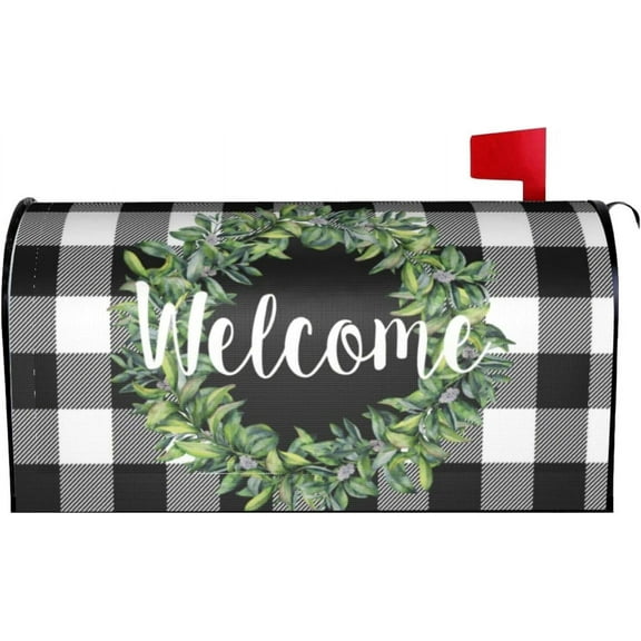 Welcome Mailbox Cover Magnetic Standard Size 21" x 18" Wreath Buffalo Plaid Home Decor Mailbox Wraps Magnetic Mail Wraps Cover Post Letter Box Garden Home Decorations