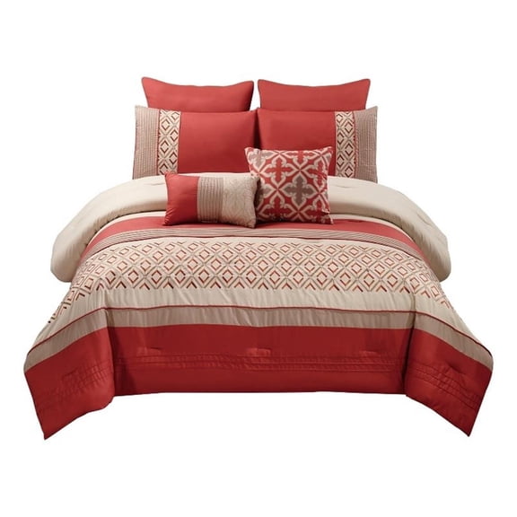 Benjara 8 Piece King Polyester Comforter Set with Geometric Embroidery- Orange